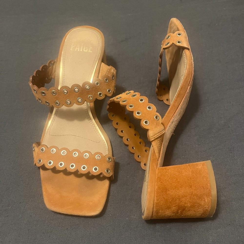 Paige heels in saddle suede with silver grommets, size 7.5